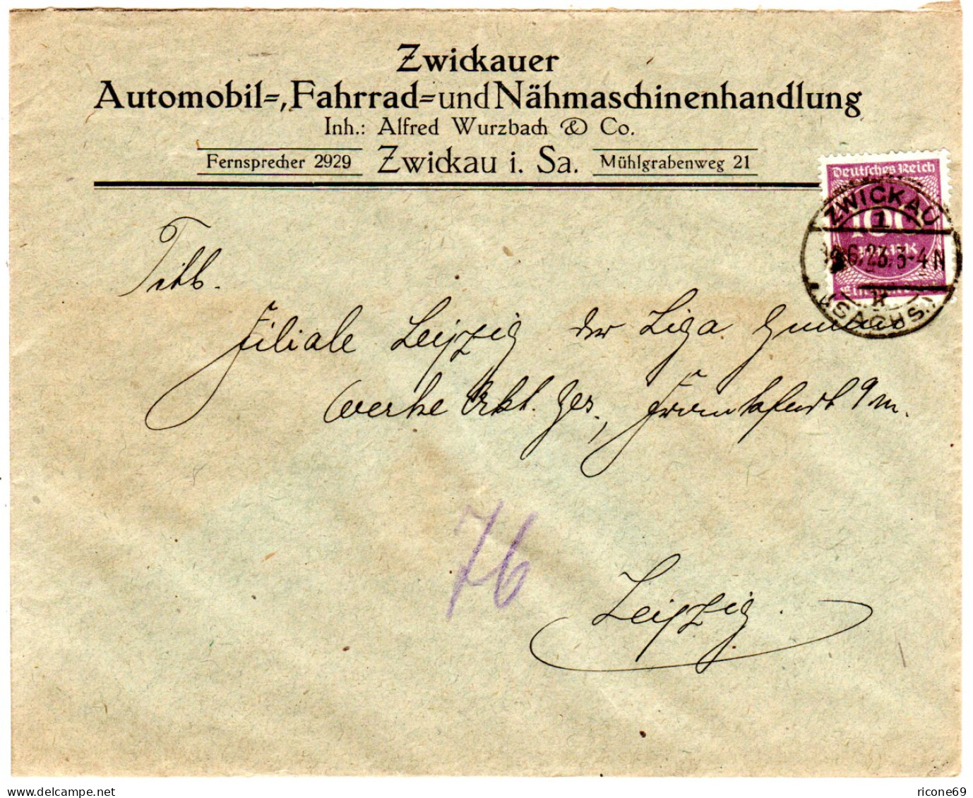 DR 1923, 100 Mk. Auf Umschlag Zwickauer Automobil-, Fahrrad- U. Nähmaschinenhdlg - Autres (Terre)