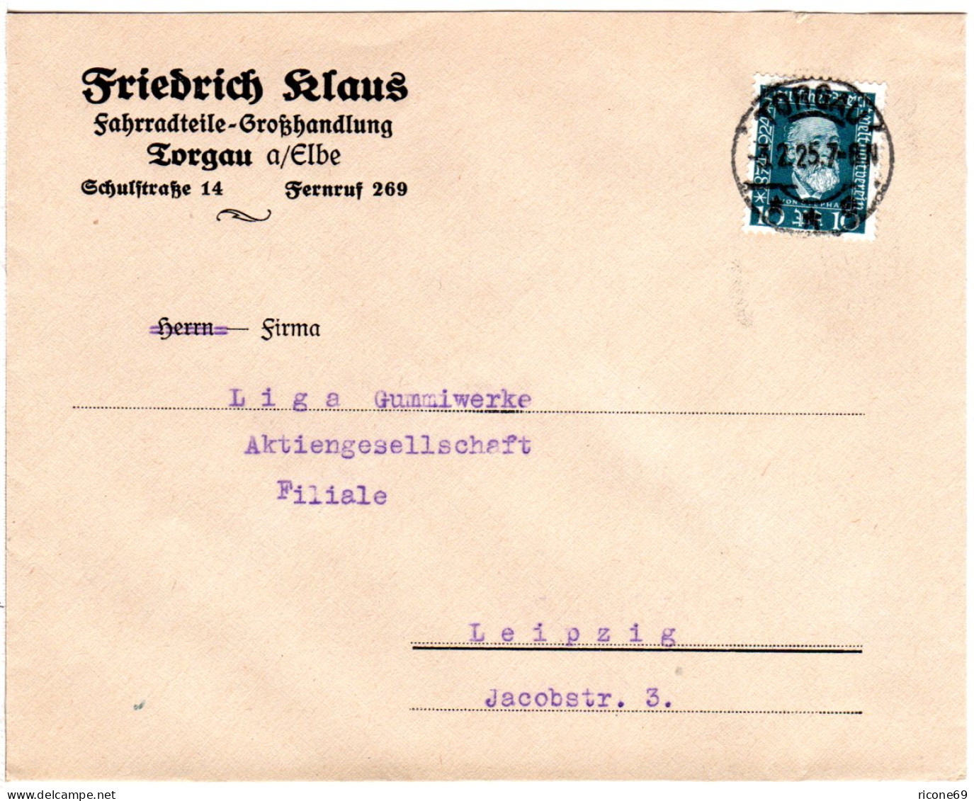 DR 1925, 10 Pf. Auf Umschlag Fahrradteie Großhandlung F. Klaus, Torgau - Otros (Tierra)