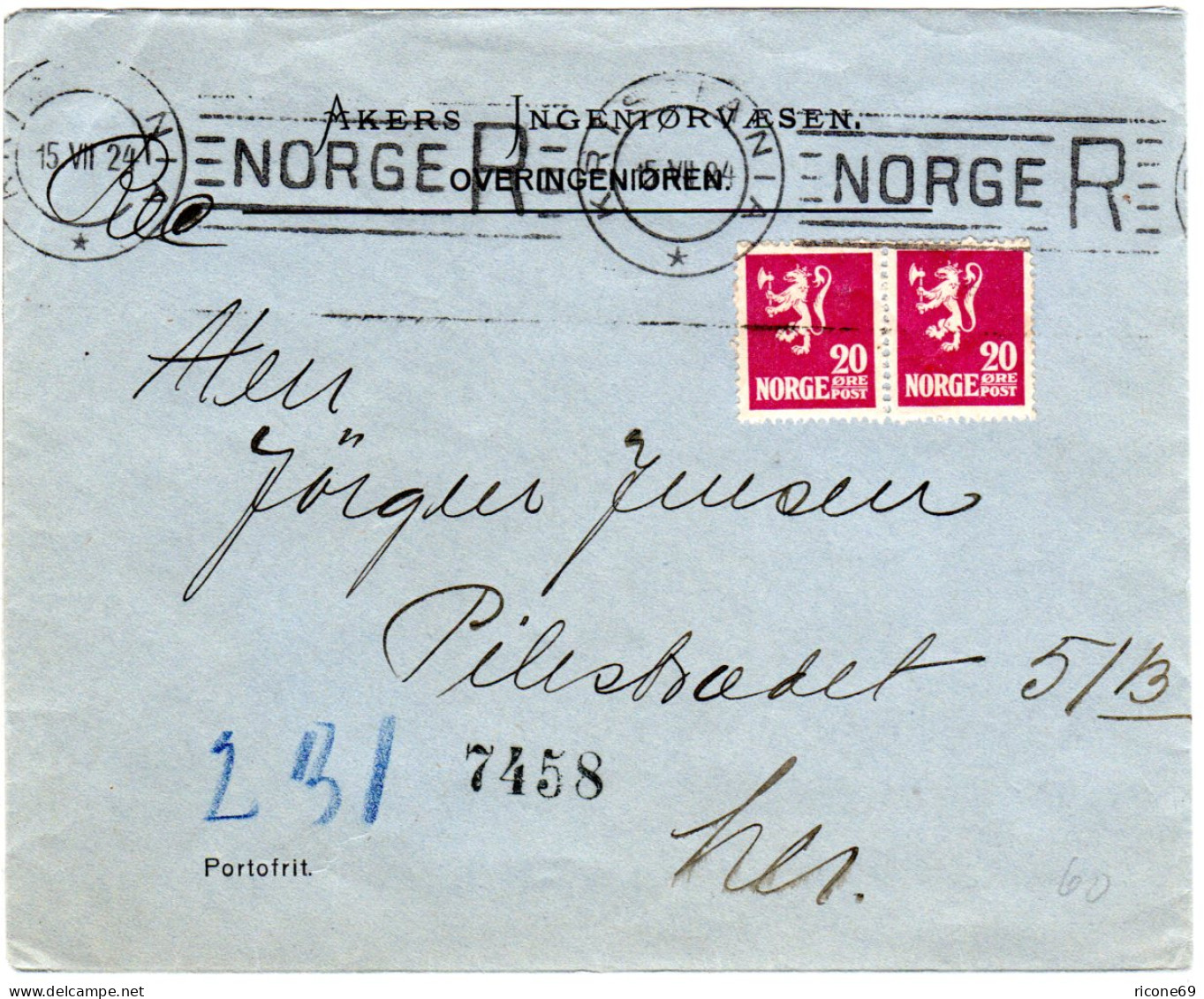 Norwegen 1924, Paar 20 öre Auf Orts-Reko Brief V. Kristiania - Briefe U. Dokumente