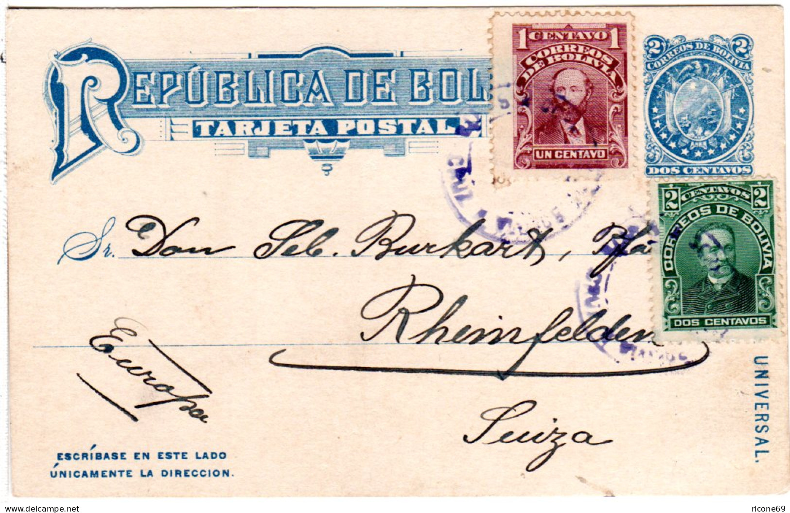 Bolivien 1907, 2 C. Ganzsache M. Zusatzfr. 1+2 C. V. Santa Cruz I.d. Schweiz. - Bolivie