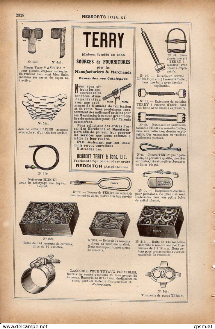 PUB 1921 - Ressort Et Fourniture Pour Manufacturier & Marchands Terry Londres, Contentieux Lyonnais Borel - Pubblicitari
