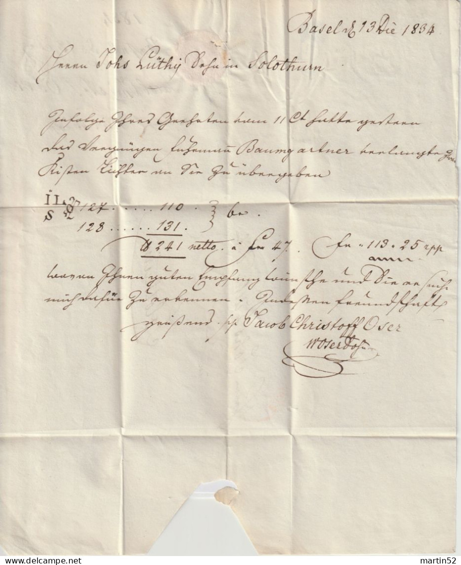 Schweiz Suisse 1834: Trockensiegel-Faltbrief Mit Rund-Stempel BASEL 13 DEZ 1834 (rot Rouge)  Nach Solothurn - ...-1845 Préphilatélie