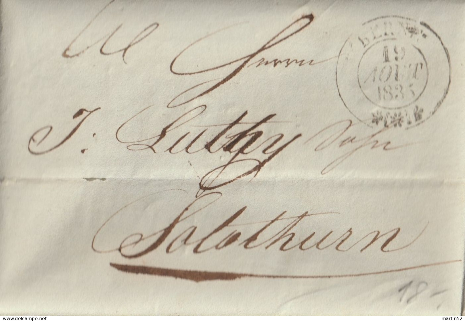 Schweiz Suisse 1835: Faltbrief Mit Rund-Stempel BERN 19 AOUT 1835 (schwarz Noir)  Nach Solothurn - ...-1845 Voorlopers