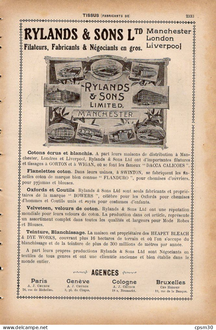 PUB 1921 - Vins De Bordeaux Louis Bert à 33 Barsac, Tissus Coton Flanelle Velveten Etc Rylands & Sons Manchester - Pubblicitari