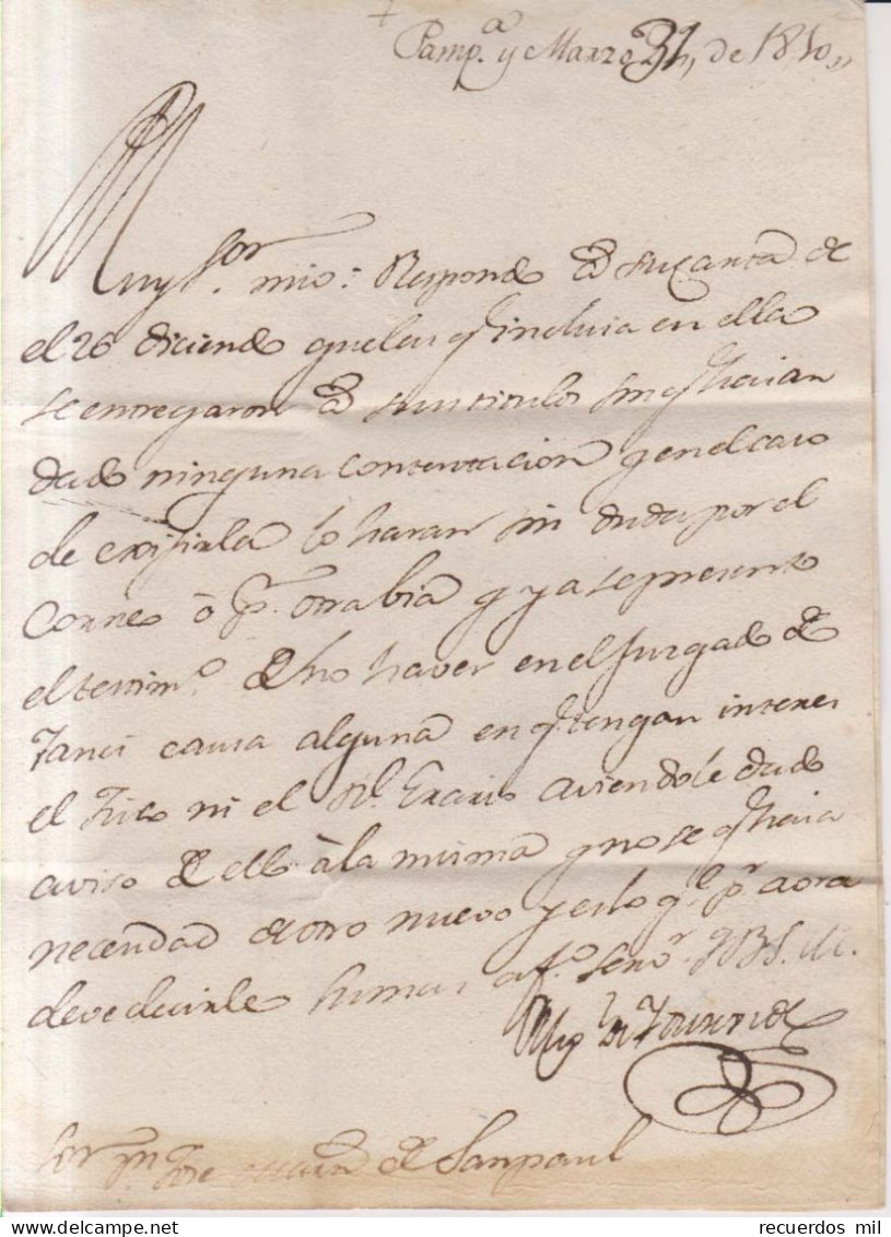 Año 1810  Prefilatelia  Carta A Lesaca  Marcas Pamplona Navarra  Y Porteo Escrito 7 - ...-1850 Préphilatélie