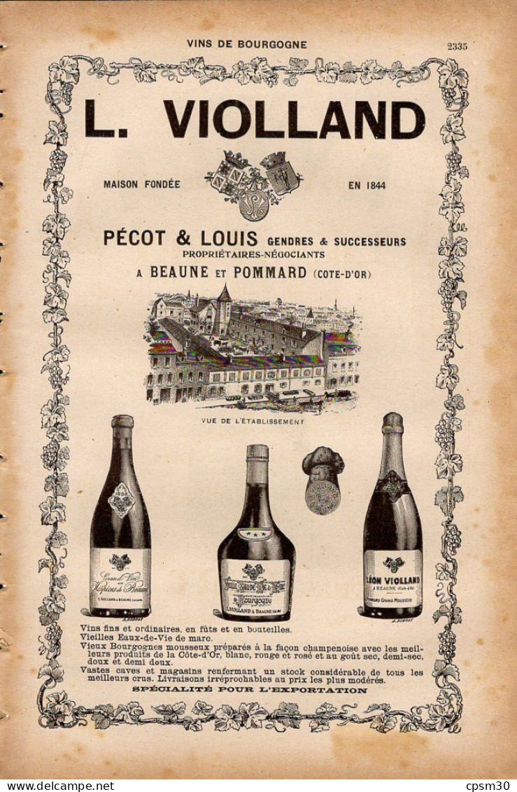 PUB 1921 - Vins De Bourgogne L Violland Pécot & Louis Beaune & Pommard, Champagne AYALA Chateau D'Ay - Pubblicitari