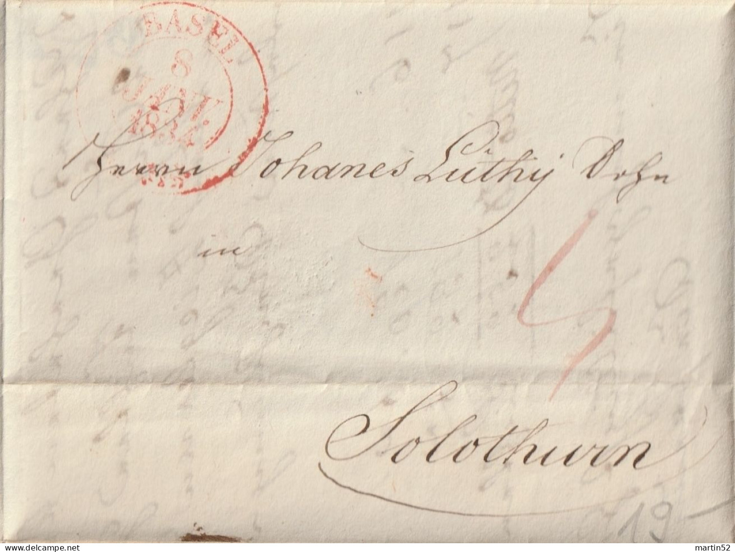 Schweiz Suisse 1834: Siegel-Faltbrief Mit Rund-Stempel BASEL 8 JANV 1834 (rot Rouge) Nach Solothurn - ...-1845 Préphilatélie