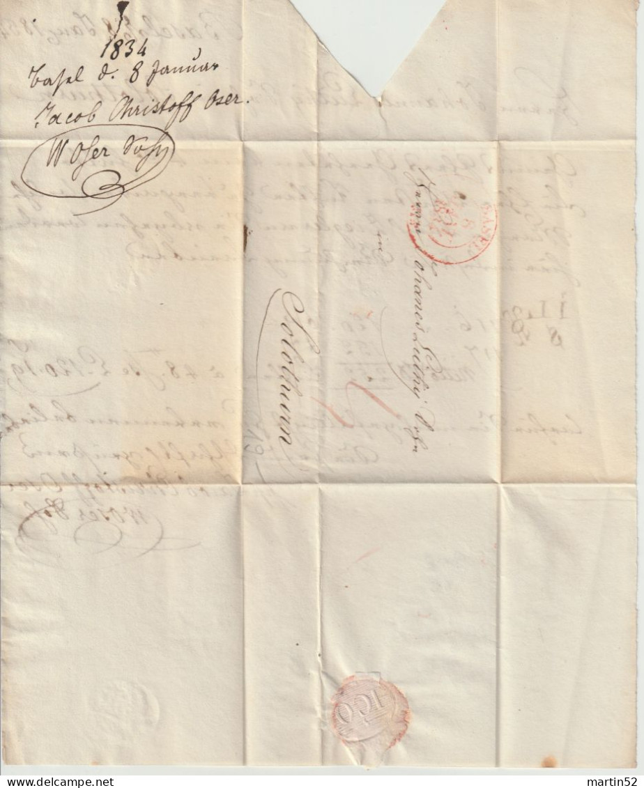 Schweiz Suisse 1834: Siegel-Faltbrief Mit Rund-Stempel BASEL 8 JANV 1834 (rot Rouge) Nach Solothurn - ...-1845 Préphilatélie