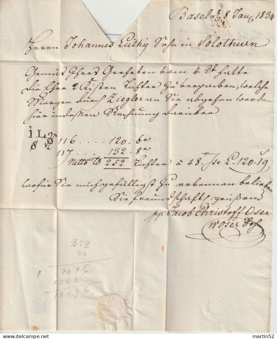 Schweiz Suisse 1834: Siegel-Faltbrief Mit Rund-Stempel BASEL 8 JANV 1834 (rot Rouge) Nach Solothurn - ...-1845 Préphilatélie