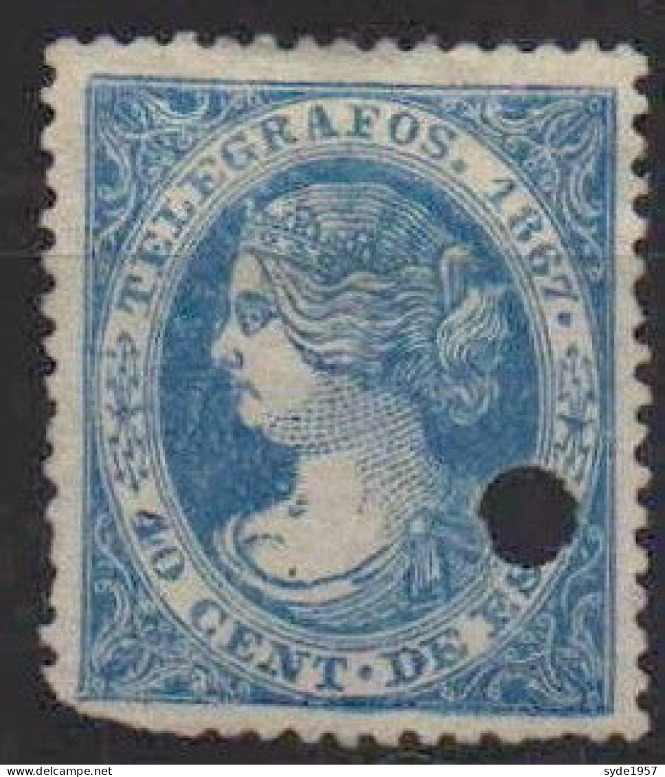 1867 Reine Isabel II, Télégraphe 40 Cent De Escudo, Perforé. Coin Bas-gauche = Plus De Dentelure - Telegrafi
