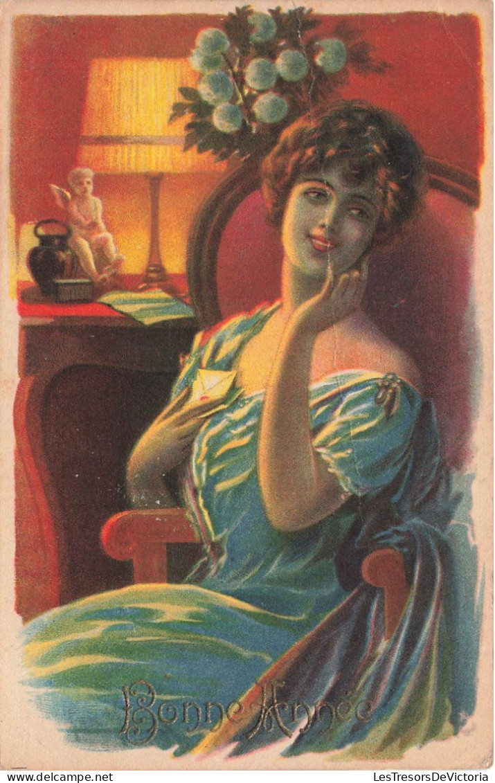 FANTAISIE - Femme - Femme Assise Dans Un Fauteuil - Lettre - Lampe De Chevet - Bonne Année - Carte Postale Ancienne - Frauen