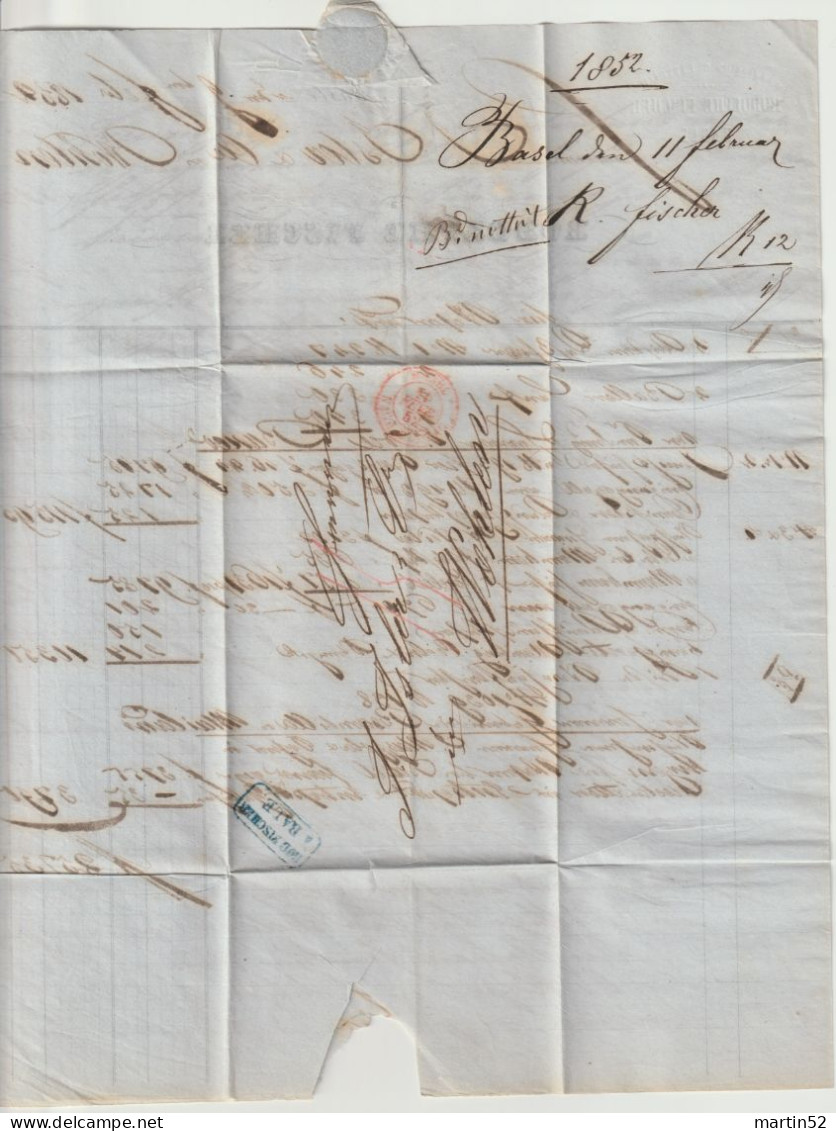 Schweiz Suisse 1852: Faltbrief Mit Rund-Stempel BASEL 11 FEVR 52 (Stempelfarbe Rot Couleur D'oblitération Rouge)>Wohlen - ...-1845 Préphilatélie