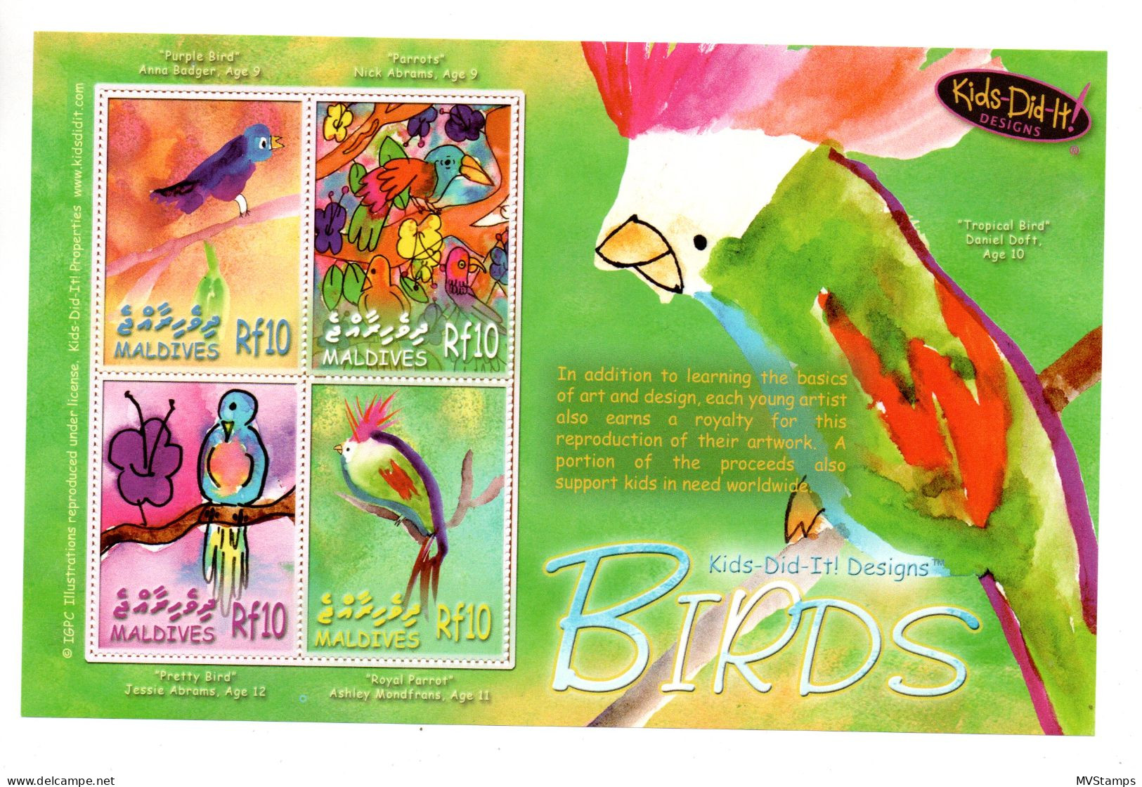 Maldives 2006 Sheet Children Paintings/birds/parrots (Michel 4492/95) MNH - Malediven (1965-...)