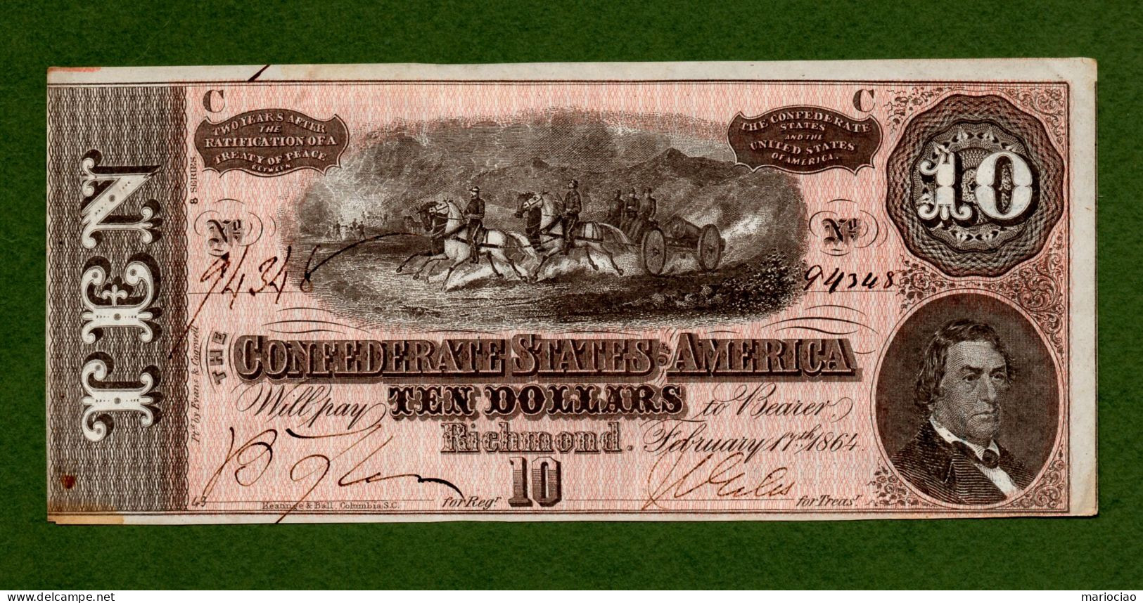 USA Note Civil War Confederate Note $10 Richmond February 17, 1864 N.94348 - Valuta Della Confederazione (1861-1864)