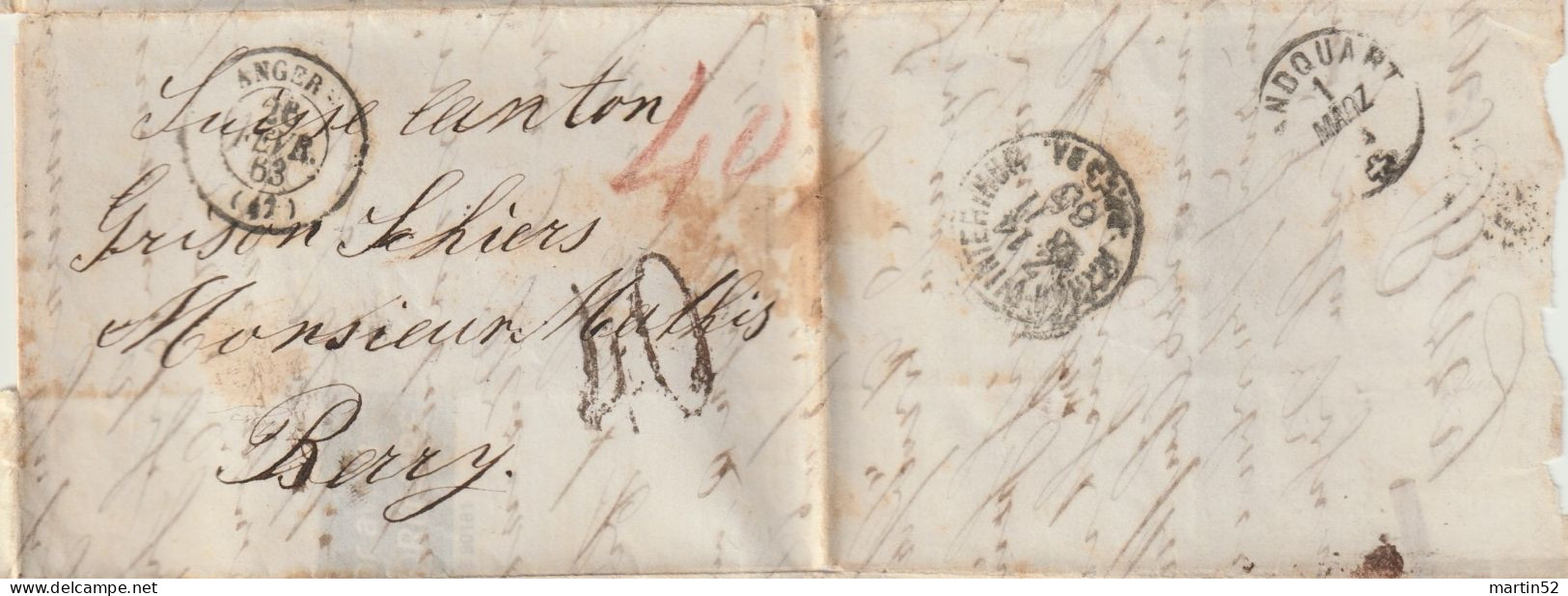 France > Suisse 1863: Lettre Pliée De ANGER 26 FEVR 63 Via LANDQUART 1 MÄRZ  Pour Schiers (Suisse) - ...-1845 Vorphilatelie