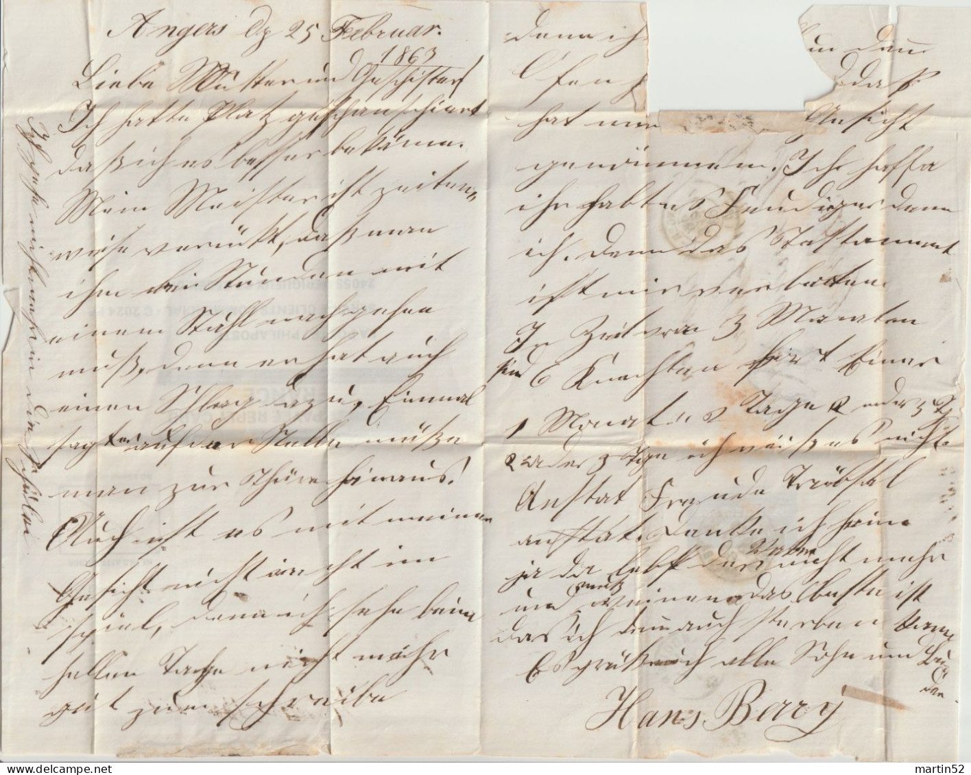 France > Suisse 1863: Lettre Pliée De ANGER 26 FEVR 63 Via LANDQUART 1 MÄRZ  Pour Schiers (Suisse) - ...-1845 Préphilatélie