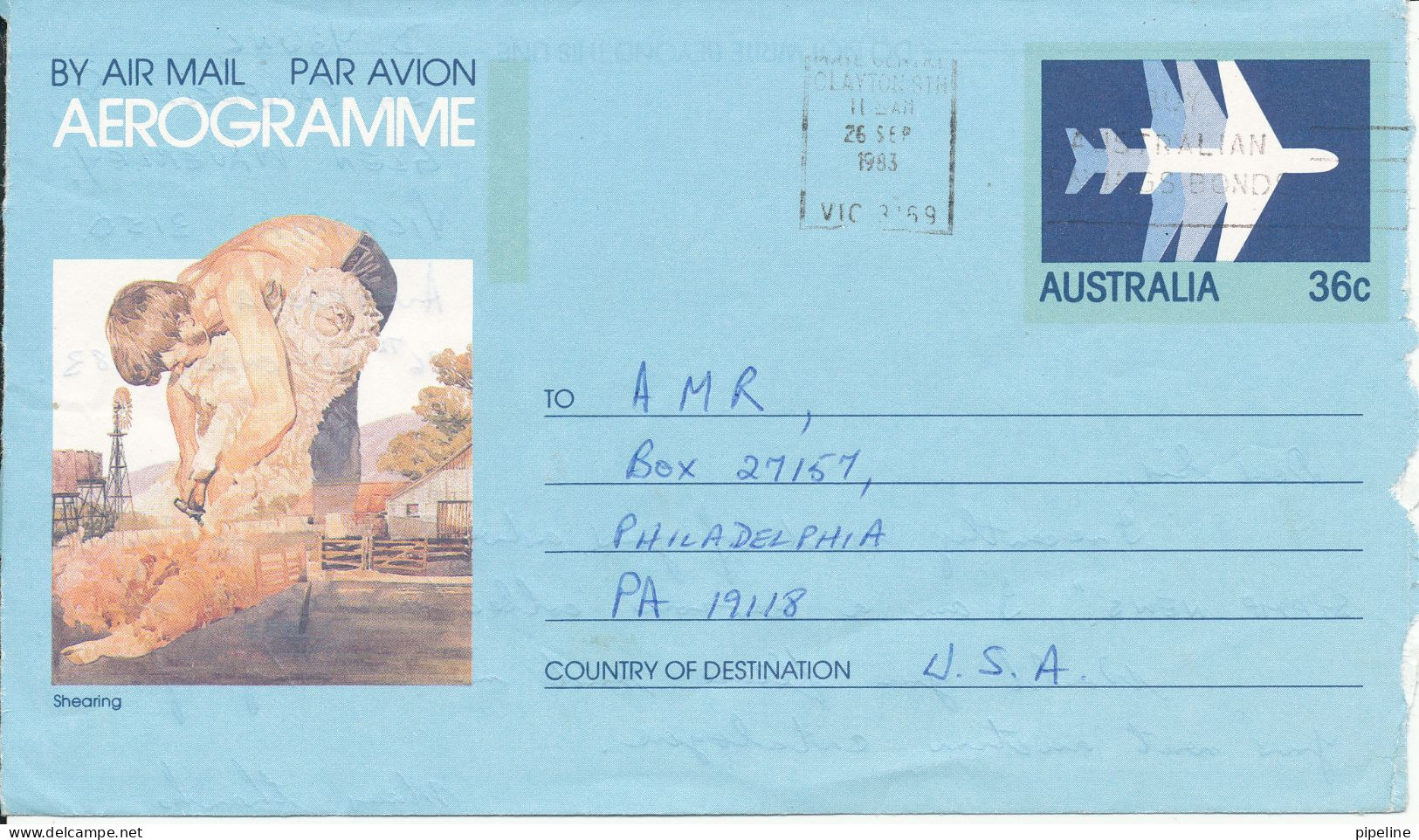 Australia Aerogramme Sent To USA 26-9-1983 - Aerograms