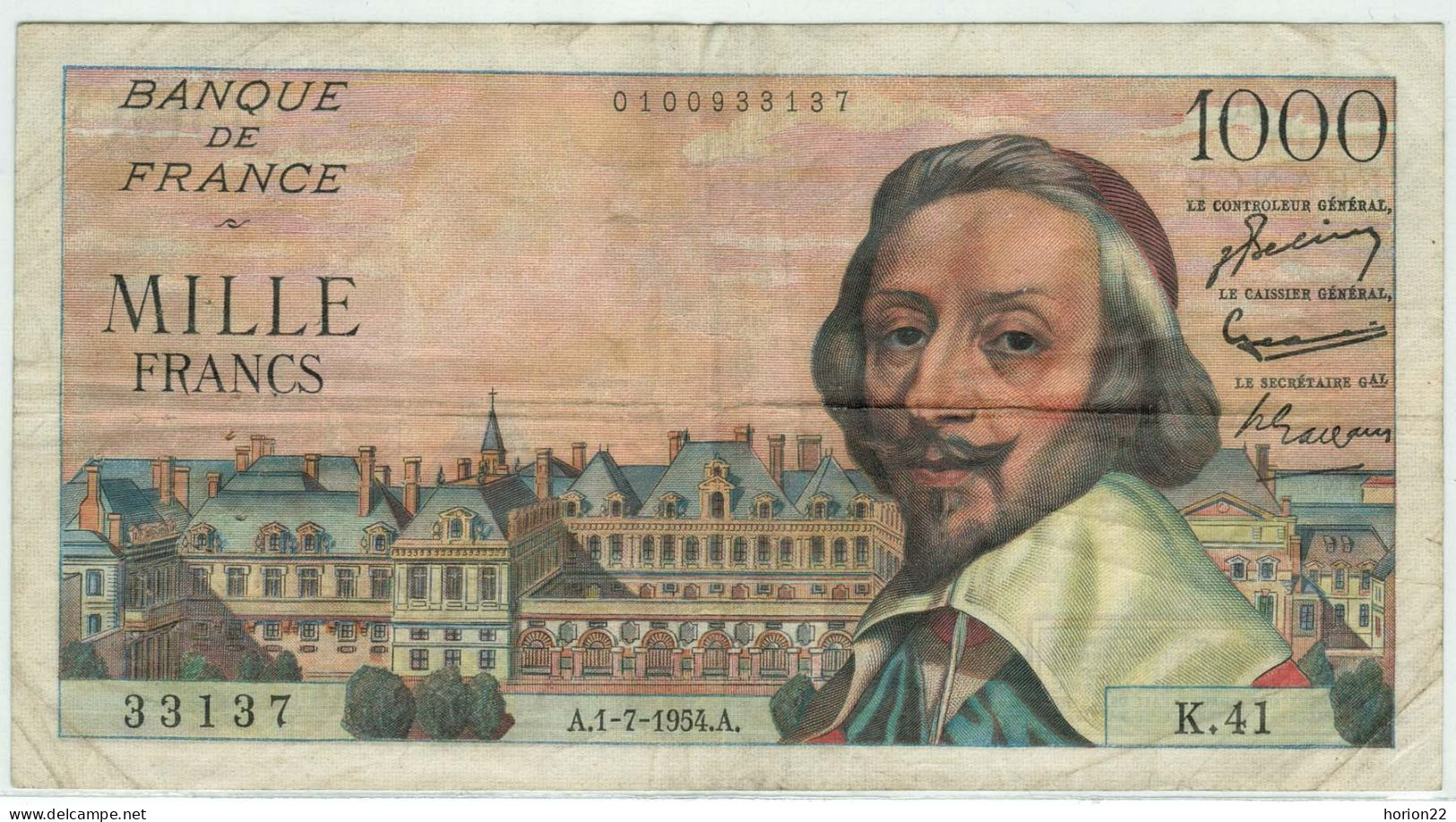 1000 FRANCS RICHELIEU A 1 7 1954 A 33137 K 41 - 1 000 F 1953-1957 ''Richelieu''