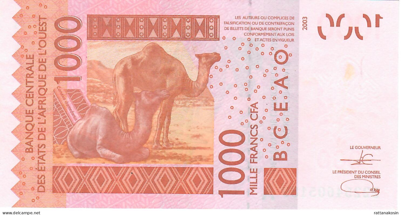 W.A.S. IVORY COST P115Av 1000 FRANCS (20)22 2022  Signature 45  UNC. - West African States