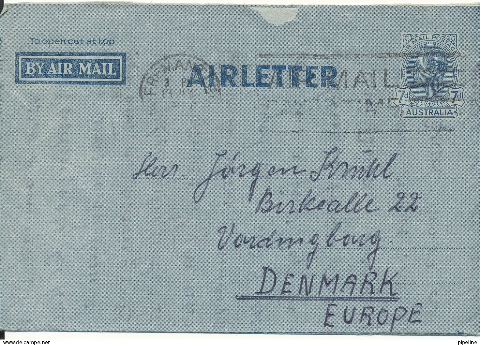 Australia Aerogramme Sent To Denmark Fremantle 13-7-1950 - Aerogramas