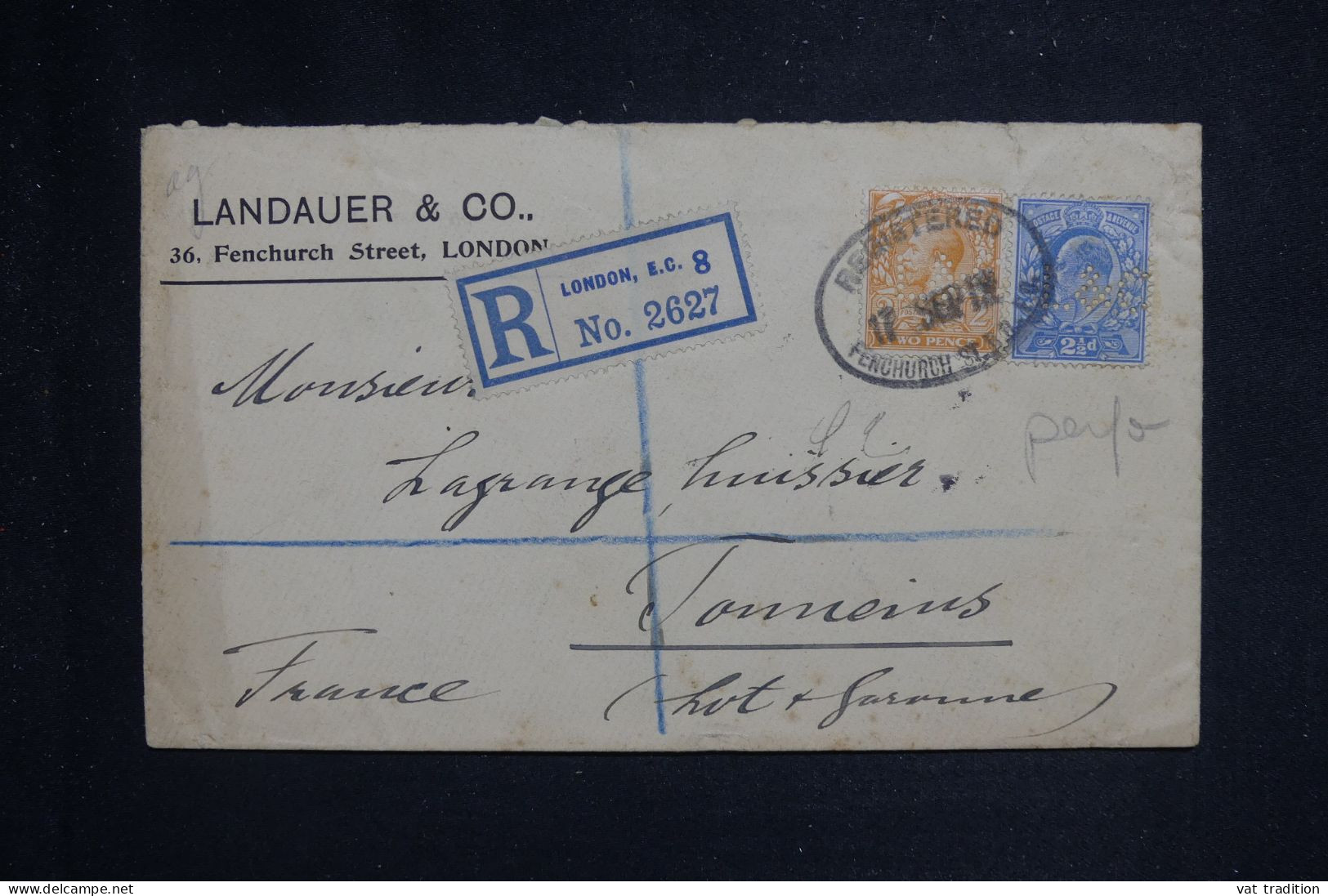 ROYAUME UNI - Perforés Sur Enveloppe Commerciale En Recommandé De Londres Pour La France En 1912 - L 150627 - Perfins