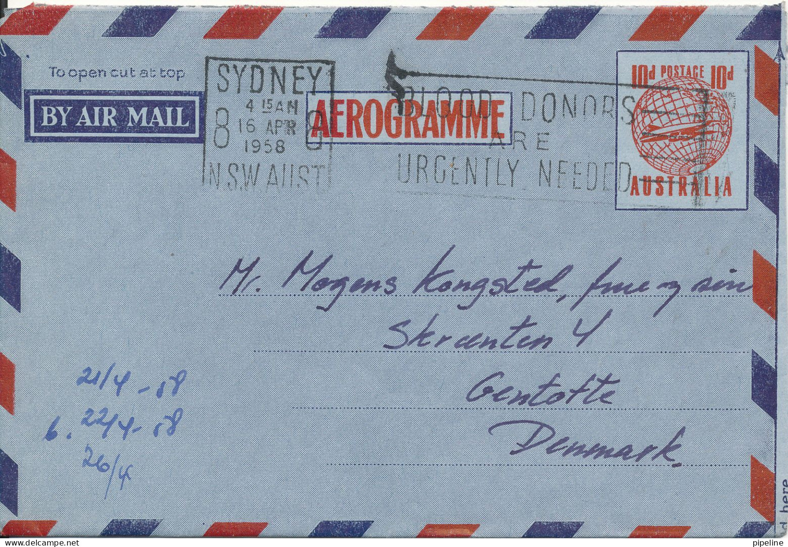 Australia Aerogramme Sent To Denmark Sydney 16-4-1958 - Aerogramme