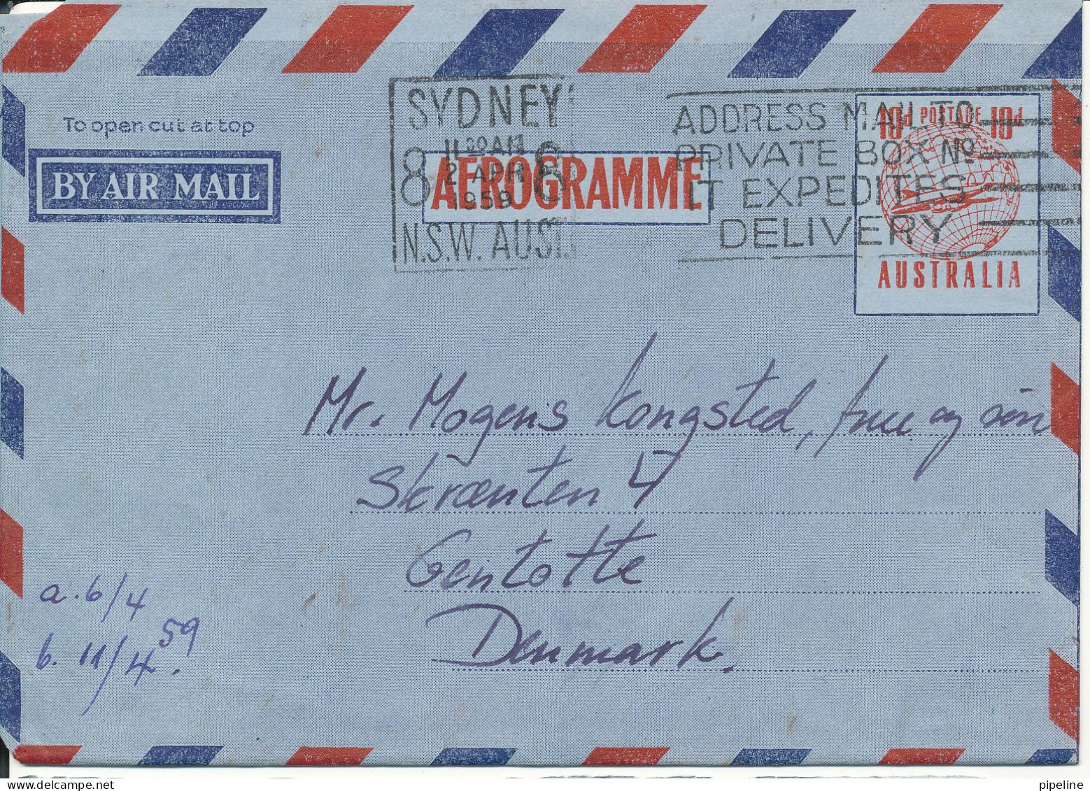 Australia Aerogramme Sent To Denmark Sydney 27-4-1959 - Luchtpostbladen