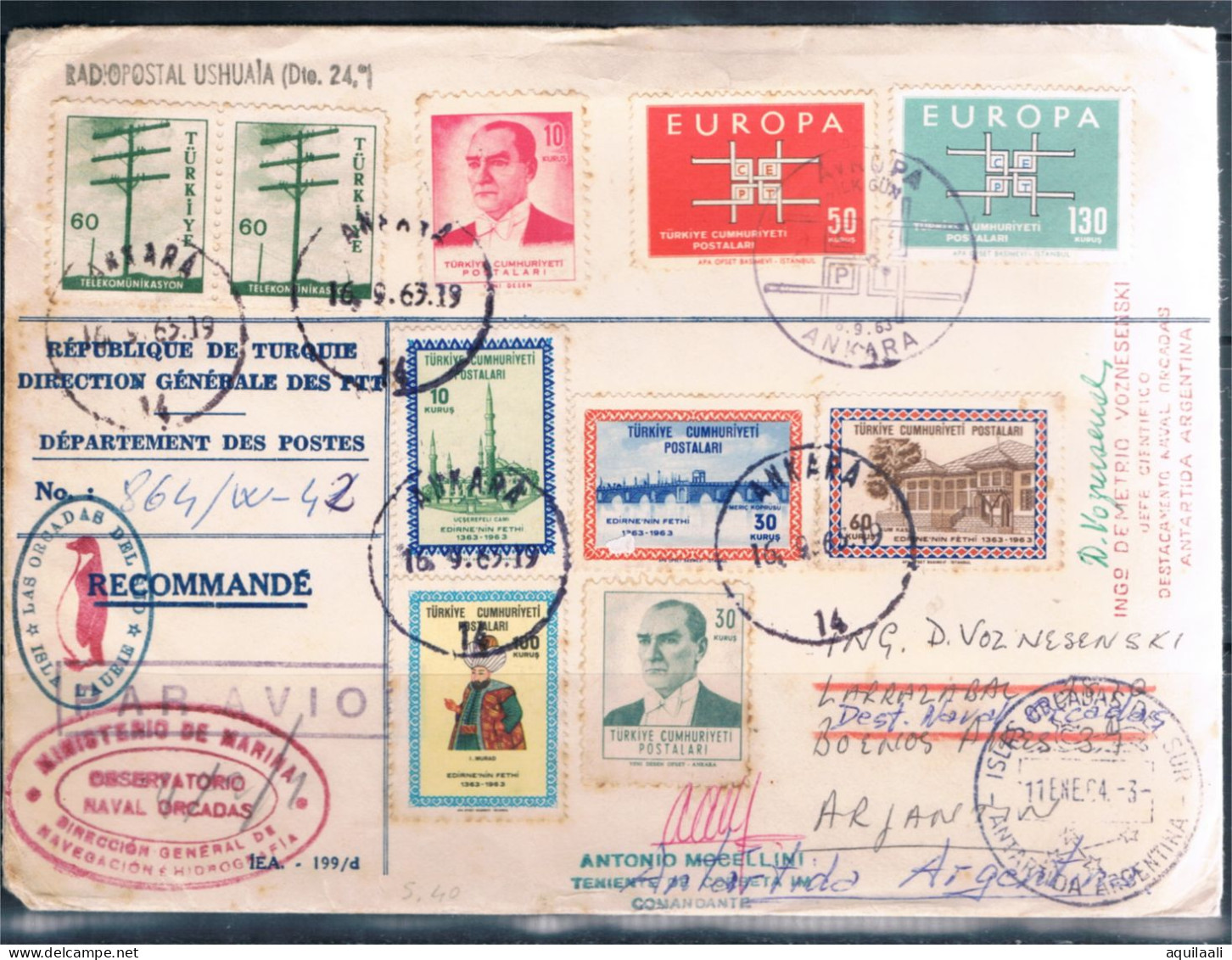 Storia Postale Turchia 1964. Lettera Raccomandata Per Antartide Argentina - Briefe U. Dokumente