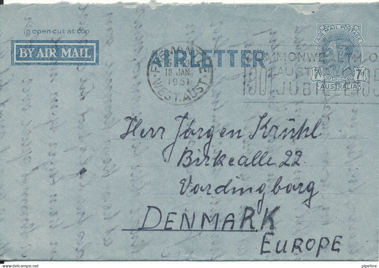 Australia Aerogramme Sent To Denmark Fremantle 18-1-1951 - Aerogrammi
