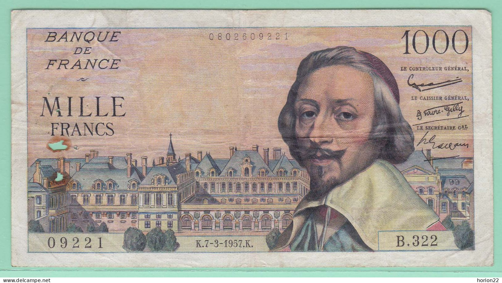 1000 FRANCS RICHELIEU K 7 3 1957 K 09221 B 322 - 1 000 F 1953-1957 ''Richelieu''