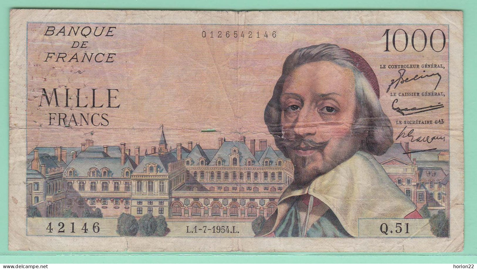 1000 FRANCS RICHELIEU L 1 7 1954 L 42146 Q 51 - 1 000 F 1953-1957 ''Richelieu''