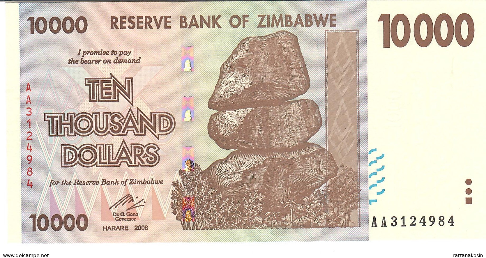 ZIMBABWE P72 10000 Or 10.000 DOLLARS 2008  #AA   UNC. - Simbabwe