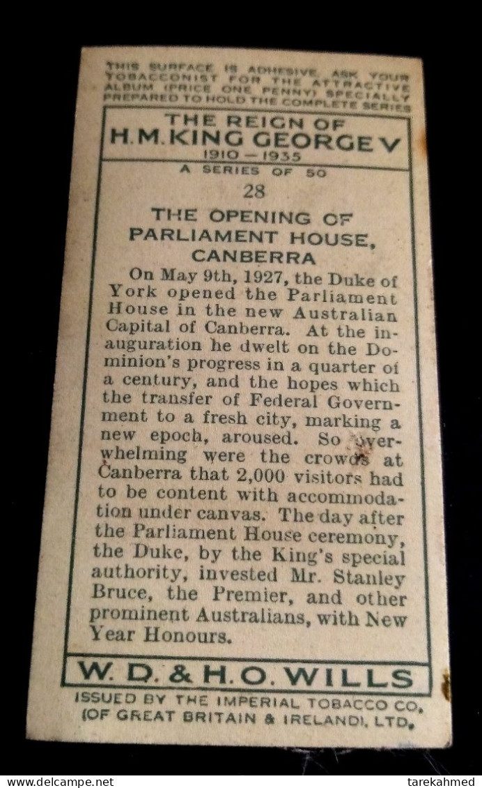 Wills's Cigarettes Adv. Card, The Opening Of Parliament House, Canberra 1935 - Andere & Zonder Classificatie