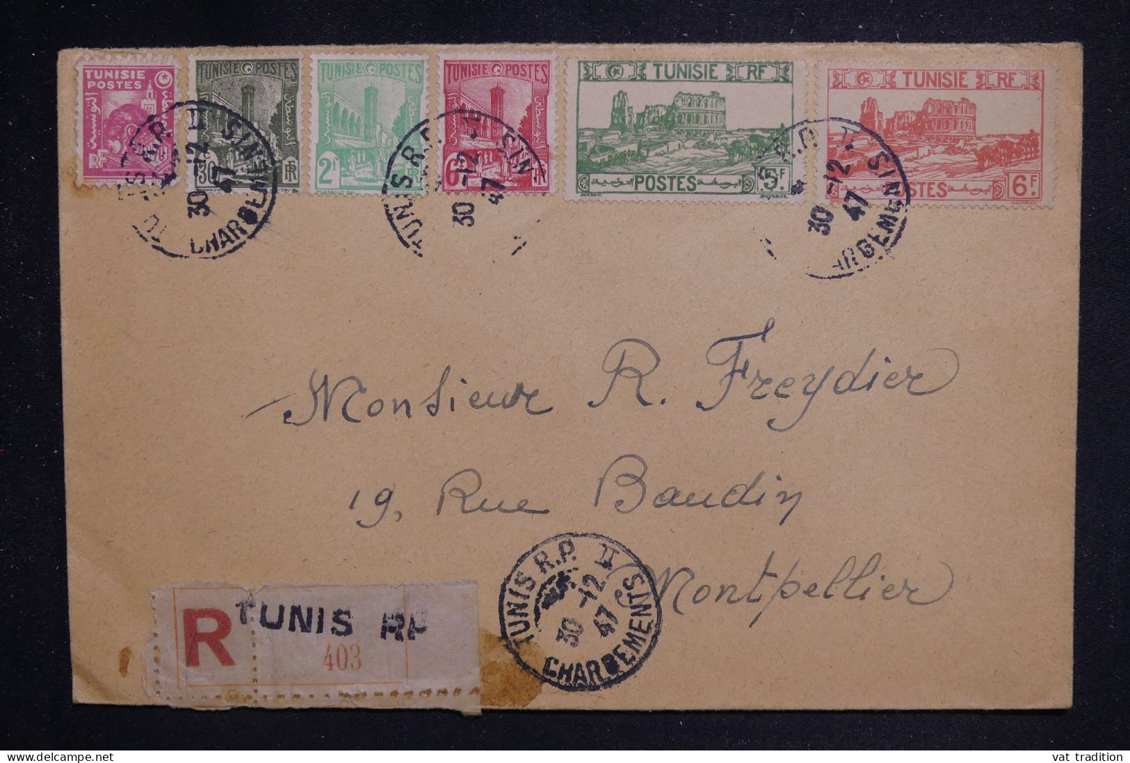 TUNISIE - Enveloppe Commerciale En Recommandé De Tunis Pour Montpellier En 1947  - L 150628 - Lettres & Documents