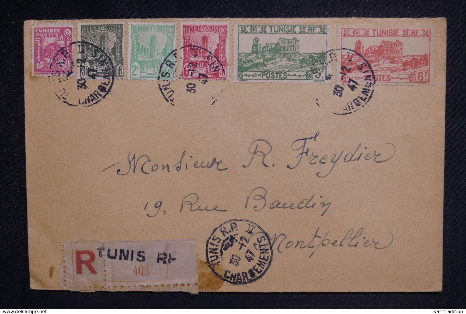 TUNISIE - Enveloppe Commerciale En Recommandé De Tunis Pour Montpellier En 1947  - L 150628 - Briefe U. Dokumente