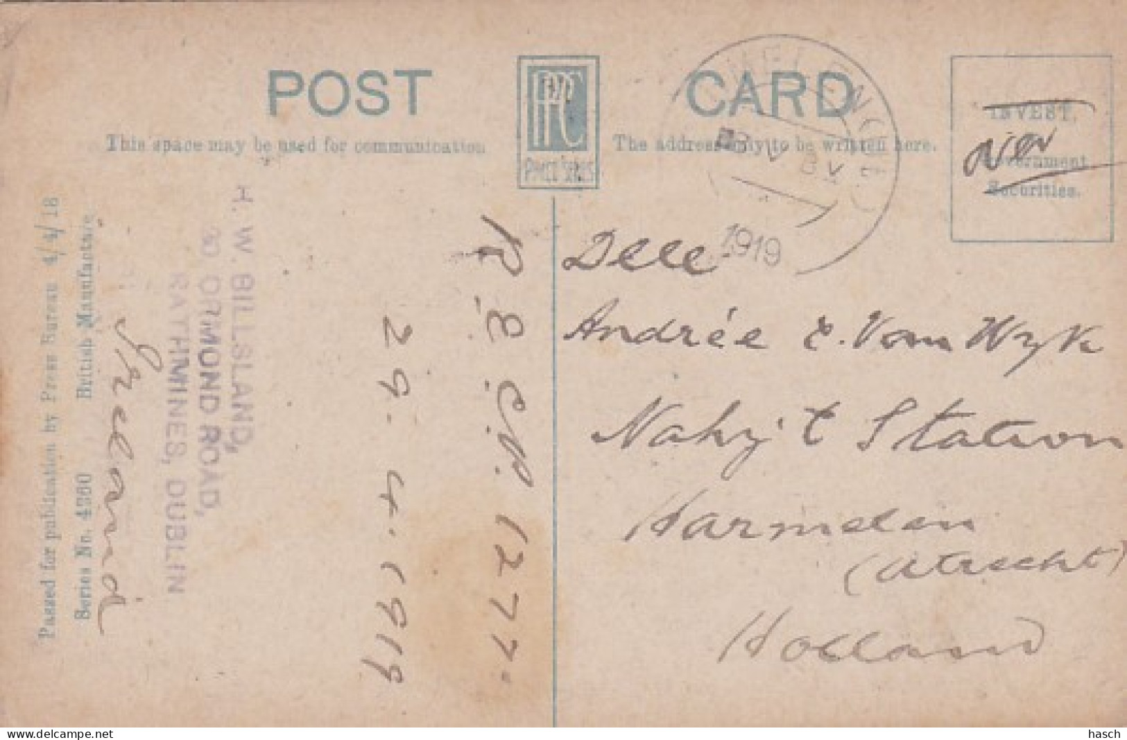 3834	146	Dublin, St Stephens Green Park (postmark 1919) (very Little Crease Corners) - Dublin