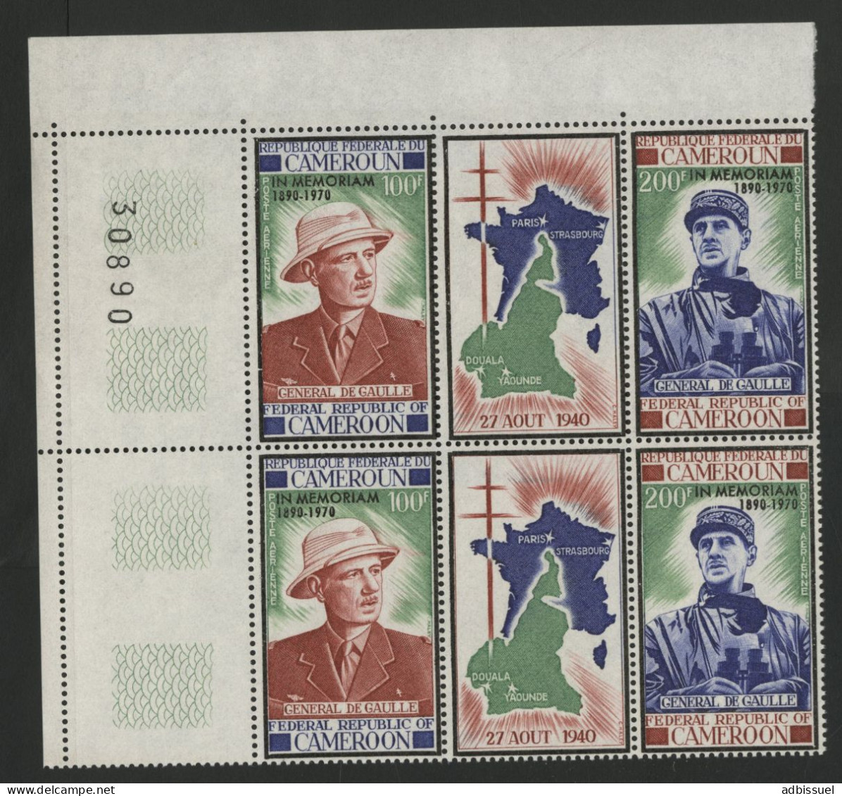 CAMEROUN POSTE AERIENNE PA N° 175A Bloc Avec 2 Triptyques De GAULLE Neufs Sans Charnière ** (MNH) TB - Kamerun (1960-...)