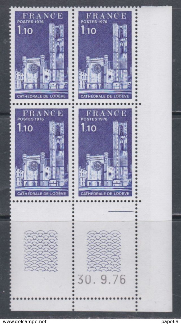 France N° 1902 XX Cathédrale De Lodève En Bloc De 4 Coin Daté Du  30 . 9 . 76 ;  1 Trait Sans Charnière, TB - 1970-1979