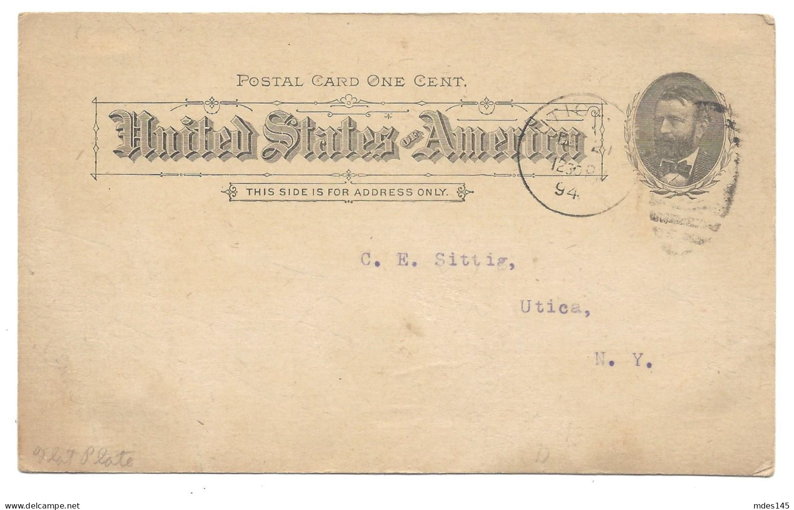 USA Scott UX10 Utica NY 1894 Crouse & Comstock Store Fire 1c Grant Postal Card - ...-1900