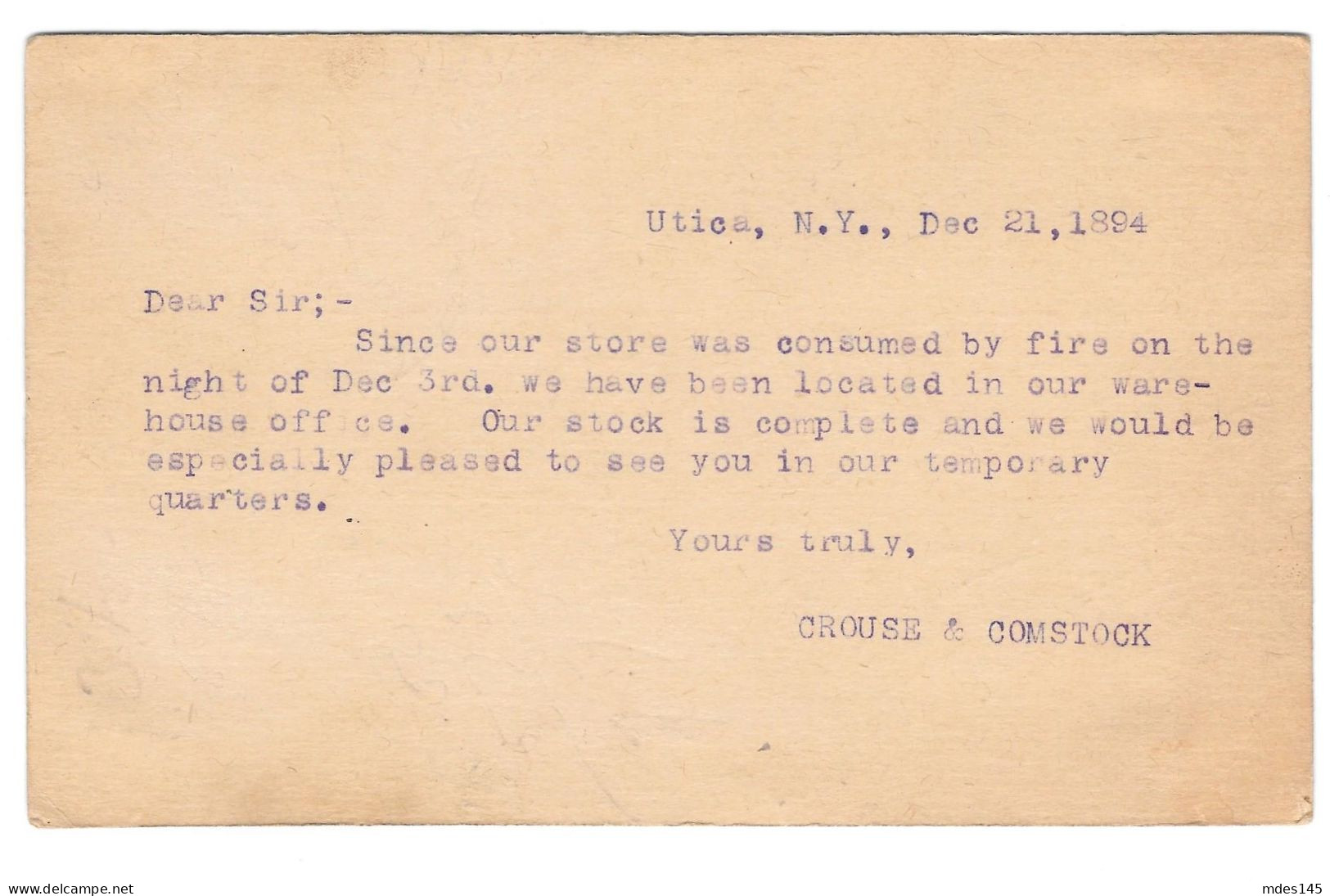 USA Scott UX10 Utica NY 1894 Crouse & Comstock Store Fire 1c Grant Postal Card - ...-1900