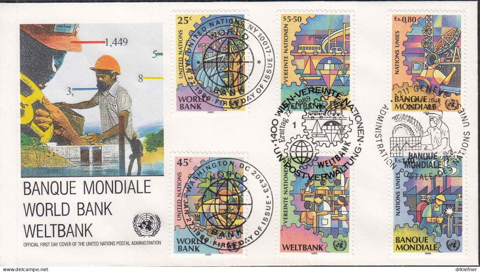 UNO NEW YORK  Trio-FDC 571-572, Mit G + W , Weltbank, 1989 - Gemeinschaftsausgaben New York/Genf/Wien