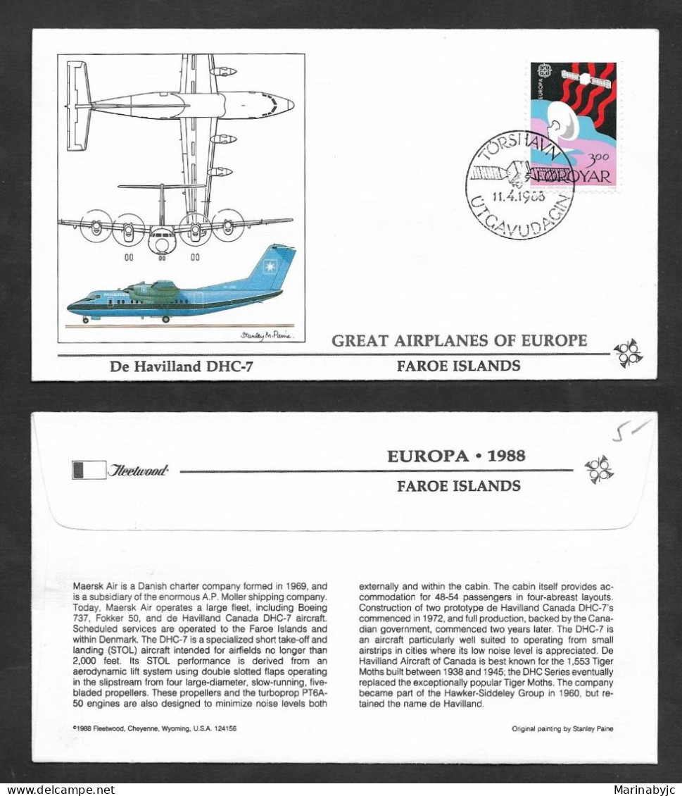 SE)1988 FAROE ISLANDS, EUROPA CEPT ISSUE, GREAT PLANES OF EUROPE, DE HAVILLAND DHC-7, SATELLITE, XF - Färöer Inseln