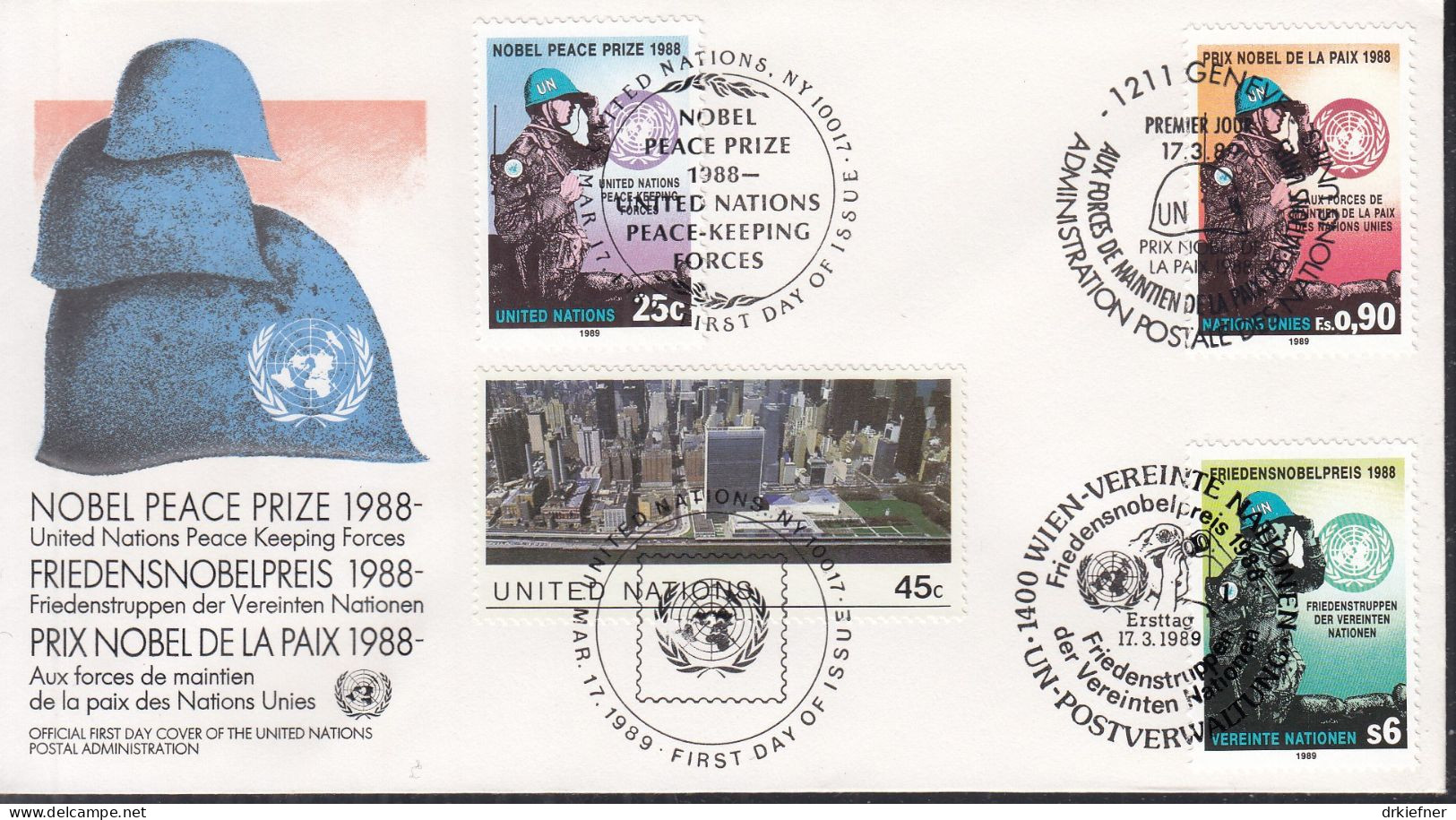 UNO NEW YORK  Trio-FDC 573-574, Mit G + W , Friedensnobelpreis, 1989 - Gemeinschaftsausgaben New York/Genf/Wien