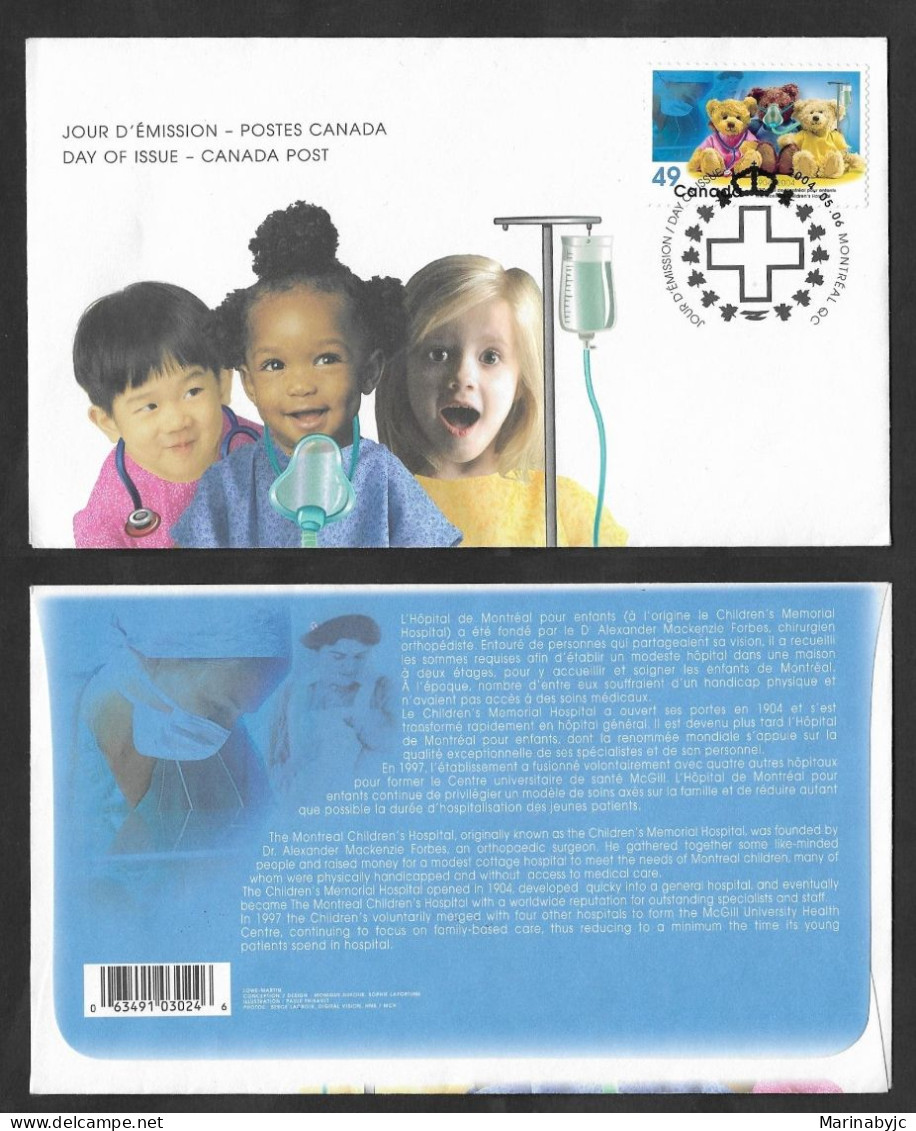 SE)2004 CANADA, ABOUT FIRST DAY, HEALTH SERIES, CENTENNIAL OF THE MONTREAL CHILDREN'S HOSPITAL, TEDDY BEARS, FDC - Ongebruikt