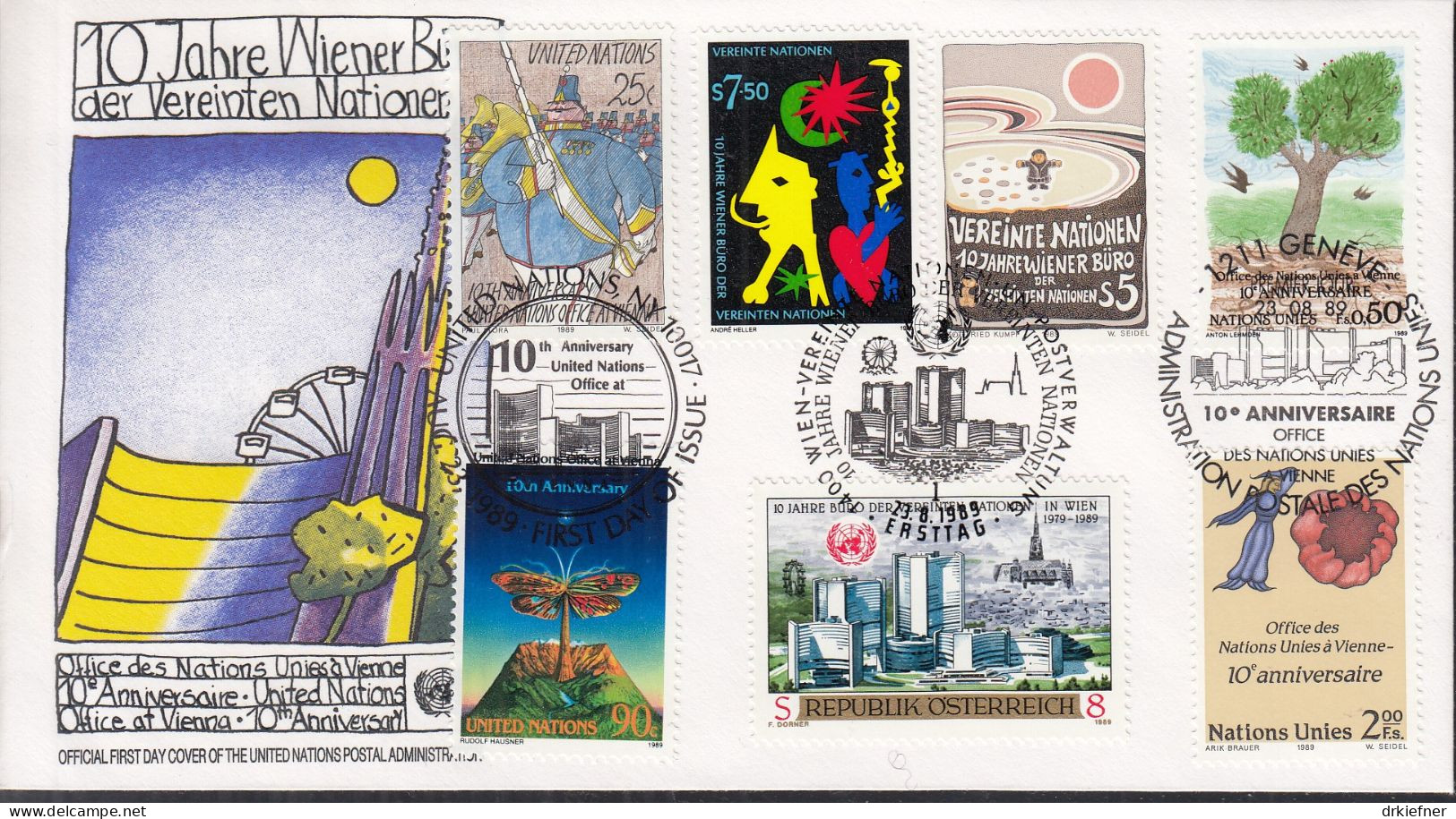 UNO NEW YORK  Trio-FDC 577-578, Mit G + W , 10 Jahre Wiener Büro, 1989 - Gezamelijke Uitgaven New York/Genève/Wenen