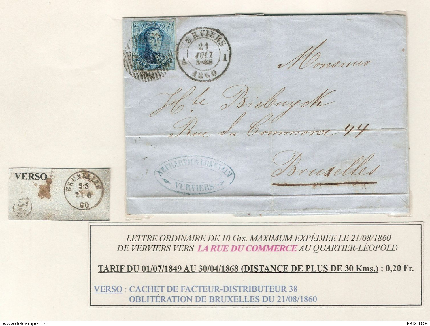TP 7 LSC S/feuille Descriptive Obl. Verviers 21/8/1860 > BXL C. D'arrivée - Postmarks - Lines: Perceptions