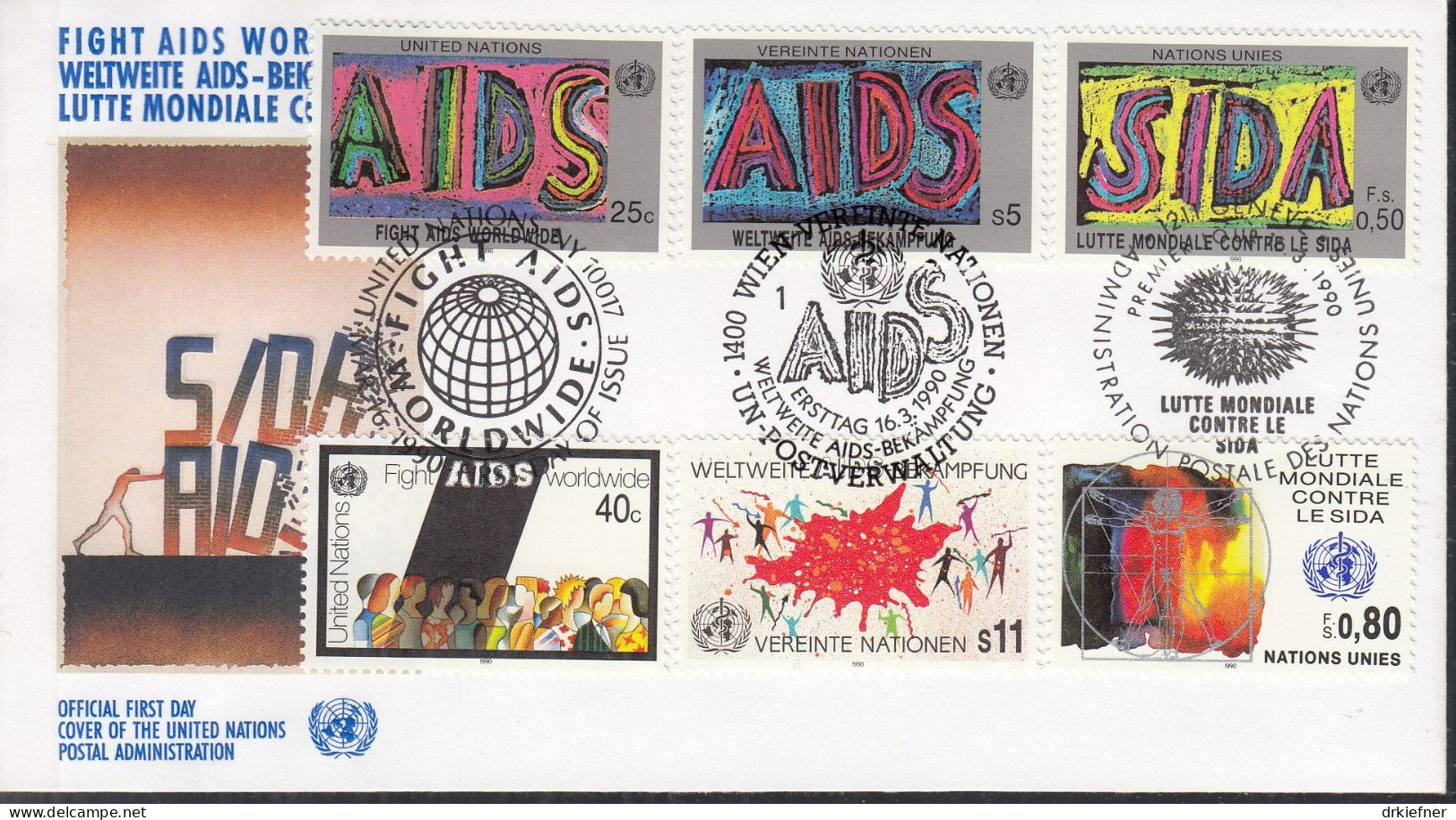 UNO NEW YORK  Trio-FDC 598-599, Mit G + W , AIDS-Bekämpfung, 1990 - New York/Geneva/Vienna Joint Issues