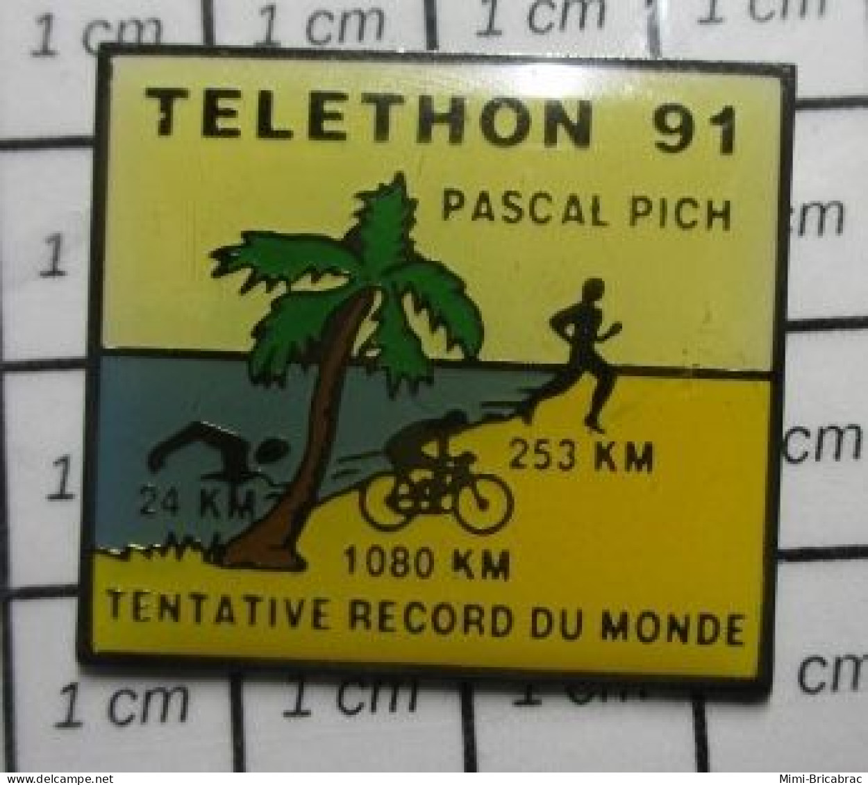 1616c Pin's Pins / Rare Et De Belle Qualité / ASSOCIATION / AFM TELETHON 91 PASCAL PICH TRIATHLON TENTATIVE RECORD DU MO - Associations