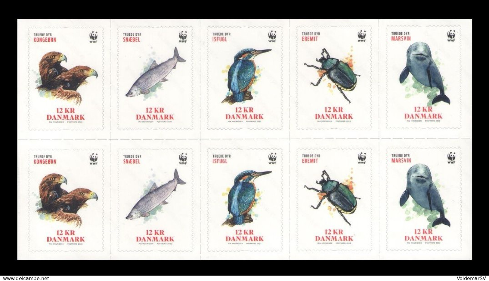 Denmark 2022 Mih. 2084/88 Fauna. WWF. Endangered Species. Birds. Fish. Beetle. Dolphin (M/S) MNH ** - Nuevos