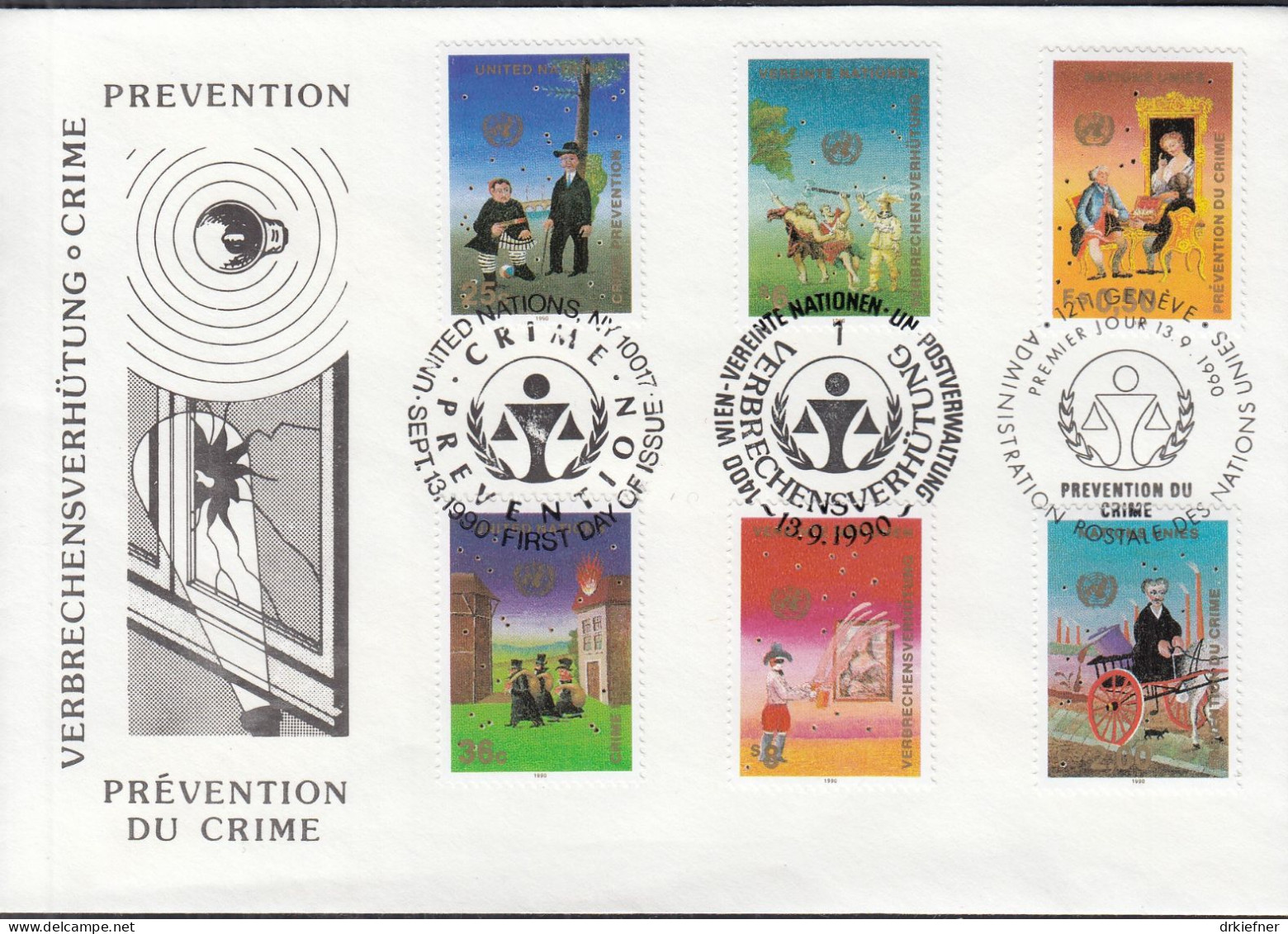 UNO NEW YORK  Trio-FDC 604-605, Mit G + W, Verbrechensverhütung, 1990 - Gezamelijke Uitgaven New York/Genève/Wenen